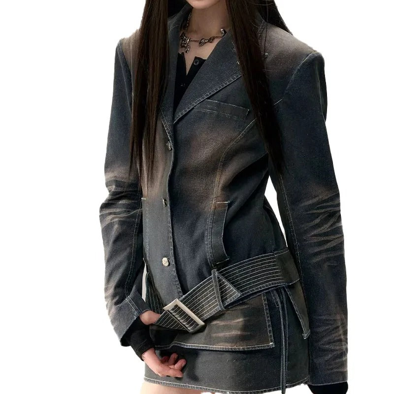 Faded Black Structured Blazer Mini Dress with Belt