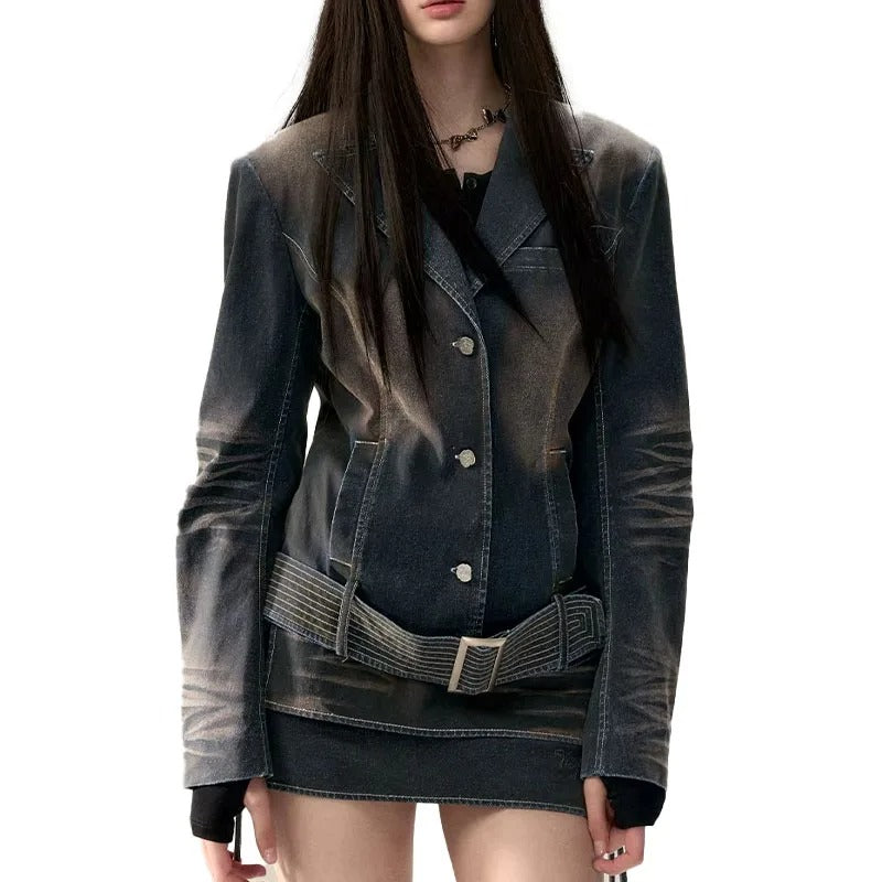 Faded Black Structured Blazer Mini Dress with Belt