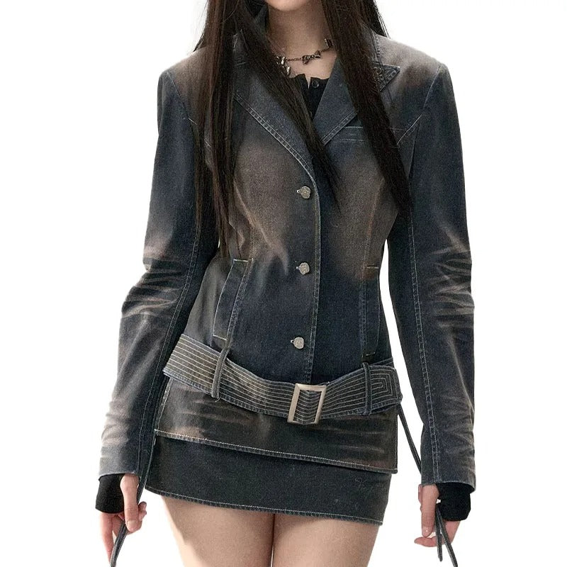 Faded Black Structured Blazer Mini Dress with Belt
