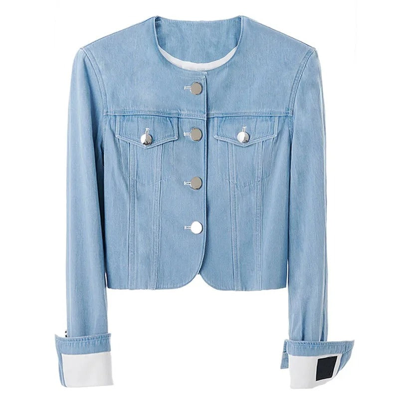 Light Blue Cropped Denim Jacket with Round Neckline