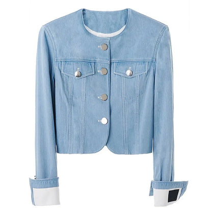 Light Blue Cropped Denim Jacket with Round Neckline