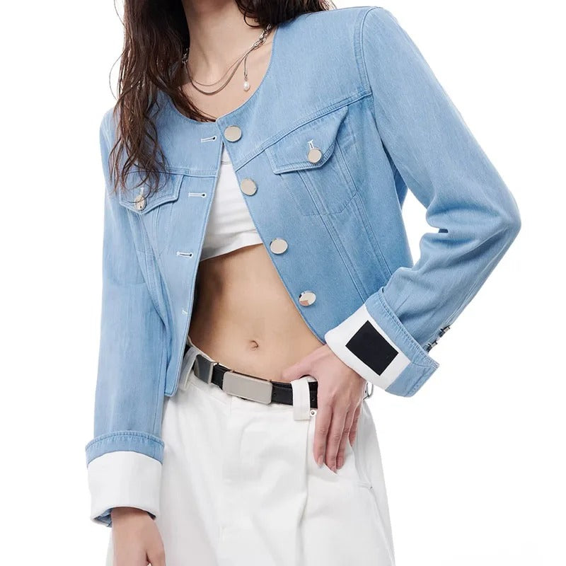 Light Blue Cropped Denim Jacket with Round Neckline