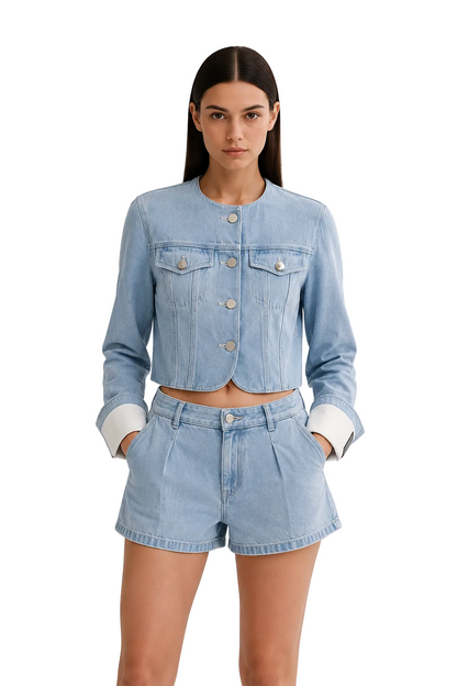 Light Blue Cropped Denim Jacket with Round Neckline