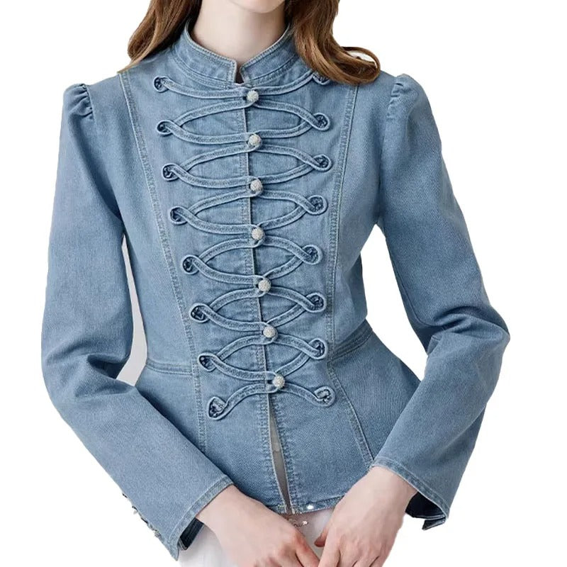 Light Blue Denim Jacket with Frog Closure Detail