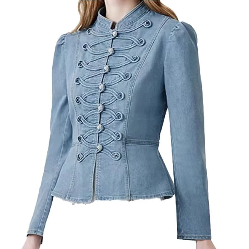 Light Blue Denim Jacket with Frog Closure Detail