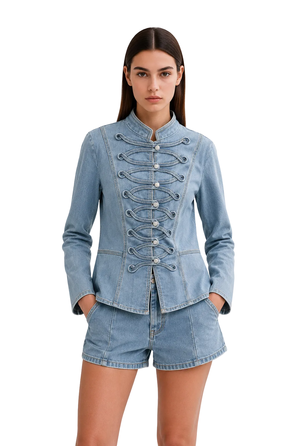 Light Blue Denim Jacket with Frog Closure Detail